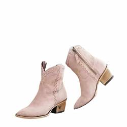 Cowgirl-Cowboy-Stiefel Für Frauen, Vintage Quadratische Zehe Faux PU Mid Calf Ankle Boots, Kurze Winterstiefelklotziger Block Mittlerer Absatz Chelsea Western Booties Schuhe,Rosa,42 von OMEARK