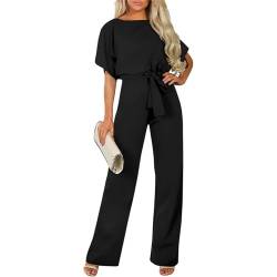 OMEWEE Jumpsuit Damen Sommer Lang Overall Elegant Festlich für Hochzeit Playsuit Lässig Urlaub Hosenanzug mit Gürtel Kurzarm Rundhalsausschnitt Homewear Hohe Taille Jumpsuits Weites Bein Schwarz L von OMEWEE