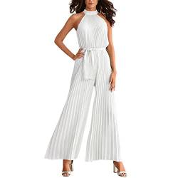 OMEWEE Jumpsuits für Damen Sommer Ärmellos Neckholder Elegant Overall Festlich Hochzeit Lang Jumpsuit Casual Playsuit Romper mit Gürtel Weiß M von OMEWEE