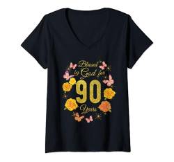 Damen Blessed By God For 90 Years Rose Schmetterling 90th Birthday T-Shirt mit V-Ausschnitt von OMG Its My Birthday Happy Birthday Shirts