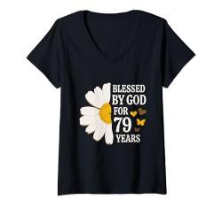 Damen Von Gott für 79 Jahre gesegnet, 79. Geburtstag, Gänseblümchen T-Shirt mit V-Ausschnitt von OMG Its My Birthday Happy Birthday Shirts