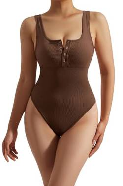 OMKAGI Ribbed Button Bodysuit Women Sexy Sculpting Shapewear Bauchweg Stark Formend Seamless Sleeveless Yoga Jumpsuit Thong Bodysuits Figure Shaping Body Shaper Damen(XL, Braun-11) von OMKAGI