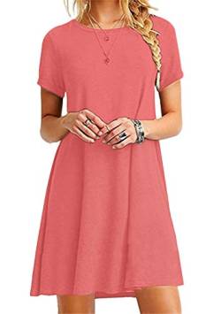 OMZIN Damen Crewneck Solid Short Sleeve Casual Loose T-Shirt Kleid Coral XL von OMZIN