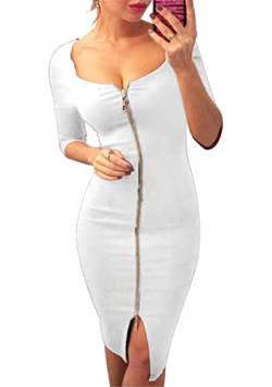 OMZIN Damen Partykleid Sexy Abendkleider mit Reißverschluss Langarm Knielang Clubwear Rückenfreies Bodycon Kleid Weiß M von OMZIN