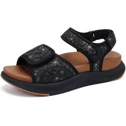 ONCAI Sandalen Damen,Arch Support Wandersandalen mit Orthopädische Outdoor Fußbett für Plantar Fasciitis,Wassersport Plateausandalen mit 3 Verstellbare Klettverschluss Glitzer Schwarz/Khaki Größe 38 von ONCAI