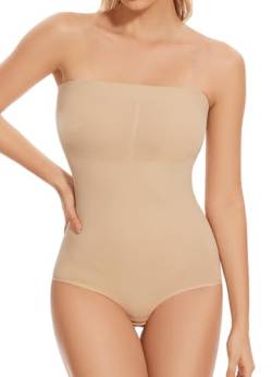 ONEW Damen Trägerloser Bandeau Shapewear Body Cami Bodysuit Top mit Abnehmbarer Trägern Bauchweg Miederbody Waist Trainer Body Shaper,Beige,S von ONEW