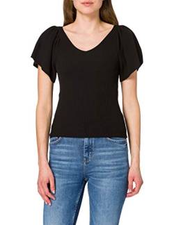 ONLY Damen Geripptes T-Shirt Kurzarm V-Ausschnitt Top mit weiten Ärmeln Shirt mit Schnürung ONLLEELO, Farben:Schwarz, Größe:S von ONLY