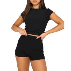 OOHOKAY Damen Zweiteiler Basic T-Shirt und Shorts Set Klassischer Kurzarm Slim Fit Top Y2K Crop Tops Sport Sommer Casual Kurz Pyjama Hausanzug Streetwearsuit(Schwarz T1,M) von OOHOKAY