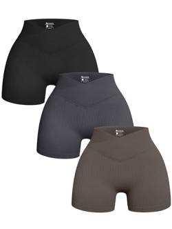 OQQ 3-teilige Yoga Shorts für Damen Gerippt Nahtlos Workout Hohe Taille überkreuzte Athletische Shorts Schwarz Grau Teeblätter von OQQ