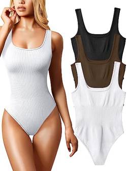 OQQ Damen-Bodysuit, 3-teilig, sexy, gerippt, ärmellos, quadratischer Ausschnitt, Schwarz, Kaffee, Weiß, S von OQQ