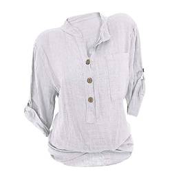 Damen Leinen Langarmshirt Freizeit Bluse V-Ausschnitt Button-Down Locker Hemd Shirt Weiß 42 von ORANDESIGNE