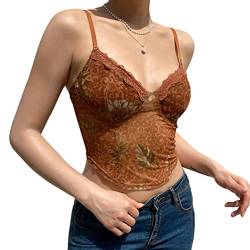 ORANDESIGNE Damen Camisole Y2K Spaghettiträger Sexy Crop Top mit V-Ausschnitt Bikinioberteil Bralette Rückenfrei Ärmellose Weste Spitzentop Aesthetic Sommertop Kurzes T-Shirt C Braun M von ORANDESIGNE