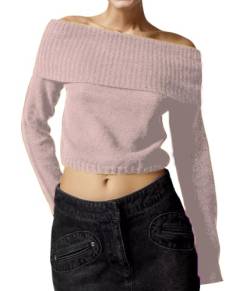 ORANDESIGNE Damen Schulterfrei Pullover Oberteil Elegant Langarm Top Sexy Off Shoulder Pullover Casual Strickpullover Strickpulli Herbst Winter Trägerlos Strickoberteil D Rosa XS von ORANDESIGNE