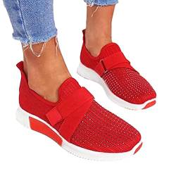 ORANDESIGNE Damen Sneakers, Frühling Herbst Frauen Soft Sole Slip On Sneakers Strass Atmungsaktive Flache Schuhe Rot 39 EU von ORANDESIGNE