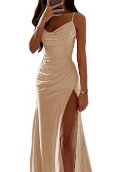 ORANDESIGNE Satin Abendkleid Damen Spaghettiträger Midikleid Fischschwanzkleider Elegant Lange A-Linie Backless Cocktailkleider Sexy Lang Brautjungfer Kleid Partykleid mit Schlitz A Aprikose S von ORANDESIGNE