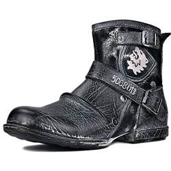 OSSTONE Herren Stiefel aus Rindsleder Lederstiefel mit Gummisohle Biker Boots mit Reißverschluss Männer Stiefeletten OS-5008-1-AI-14 von OSSTONE