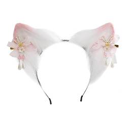 OUBEIDUO Haarband für Damen, niedliches Katzenohren, Cosplay-Haarreif mit Blume, Haarnadel, für Damen, Teenager, Stirnband für Live-Übertragung, Cartoon, Karneval, Haarband von OUBEIDUO