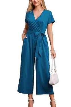 OUGES Jumpsuit Damen Sommer Elegant Overall Lang Playsuit Kurzarm Casual Hosenanzug mit Taschen(Dunkelblau,L) von OUGES