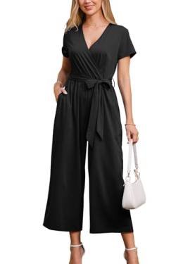 OUGES Jumpsuit Damen Sommer Elegant Overall Lang Playsuit Kurzarm Casual Hosenanzug mit Taschen(Schwarz,XL) von OUGES