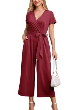 OUGES Jumpsuit Damen Sommer Elegant Overall Lang Playsuit Kurzarm Casual Hosenanzug mit Taschen(Weinrot,L) von OUGES