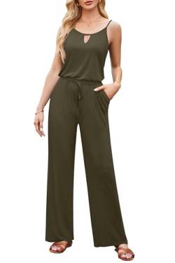 OUGES Damen Sommer Jumpsuit Ärmellos Overall Lang Hosenanzug Playsuit Casual Romper mit Taschen(Aunkles Armeegrün,S) von OUGES