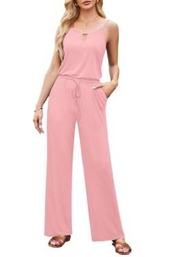 OUGES Damen Sommer Jumpsuit Ärmellos Overall Lang Hosenanzug Playsuit Casual Romper mit Taschen(Rosa,M) von OUGES