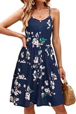 OUGES Sommerkleid Damen V-Ausschnitt Ärmellos Kleider Spaghettiträger Knielang Blumenmuster Freizeitkleid Knopfleiste Kleid mit Taschen(Floral08,XL) von OUGES