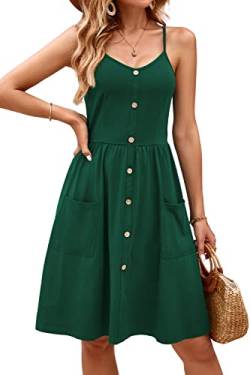 OUGES Sommerkleid Damen Knielang Spaghetti-Träge Sommer Keider V-Ausschnitt Strandkleid mit Taschen(Green327,XL) von OUGES