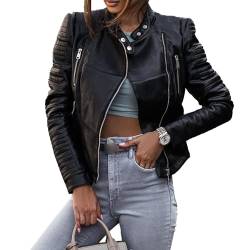 OULIWANGLUO Damen Stehkragen dick Lederjacke Winddichter Atmungsaktiv Kunstlederjacke Slim Bikerjacke für Herbst und Winter (Schwarz,XL) von OULIWANGLUO