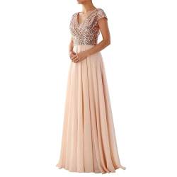 OULIWANGLUO Damen V Ausschnitt Pailletten Lange Abendkleid Sexy Elegant Hochzeit Cocktailkleid Lang Hochzeitsgast Partykleid Maxi Kleider (Aprikose,M) von OULIWANGLUO