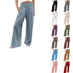 OUMSHBI Leinenhose Damen Sommer Baumwolle Leinen Unifarben Weites Bein Stoffhose Hohe Taille Yogahose Casual Bequeme Leicht Freizeithose mit Taschen Einfarbig Elegant Palazzo Hose lässige Strandhose von OUMSHBI