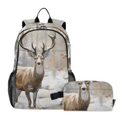 OWFKAY Kinder-Rucksack, Hirsch im Winter, Wald, Jungen, Mädchen, Schulrucksack mit Lunchtasche, Büchertaschen-Set, mehrfarbig, Einheitsgröße von OWFKAY