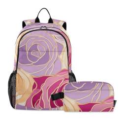 OWFKAY Kinder-Rucksack mit Rosen-Blumenmuster, für Jungen und Mädchen, Schulrucksack mit Lunchtasche, Büchertaschen-Set, mehrfarbig, Einheitsgröße von OWFKAY