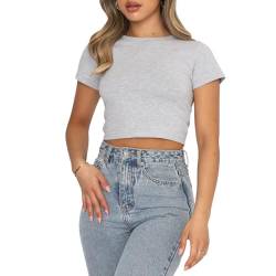 OYIGELZ Damen Basic T-Shirt Klassischer Schnitt Kurzarm Crop Tops Y2K Slim Fit Tshirt Oberteile Sommer Tee Shirts(Hell Grau-U1,L) von OYIGELZ