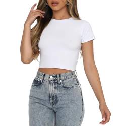 OYIGELZ Damen Basic T-Shirt Klassischer Schnitt Kurzarm Crop Tops Y2K Slim Fit Tshirt Oberteile Sommer Tee Shirts(Weiß-U1,M) von OYIGELZ