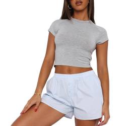 OYIGELZ Damen Basic T-Shirt Klassischer Schnitt Sommer Tee Shirts Kurzarm Crop Tops Y2K Slim Fit Tshirt Oberteile(Hell Grau-X1,XS) von OYIGELZ