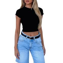 OYIGELZ Damen Basic T-Shirt Klassischer Schnitt Sommer Tee Shirts Kurzarm Crop Tops Y2K Slim Fit Tshirt Oberteile(Schwarz-X1,XXL) von OYIGELZ