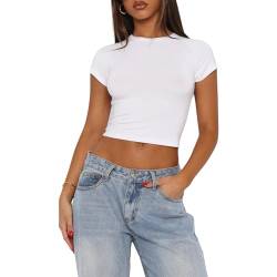 OYIGELZ Damen Basic T-Shirt Klassischer Schnitt Sommer Tee Shirts Kurzarm Crop Tops Y2K Slim Fit Tshirt Oberteile(Weiß-X1,M) von OYIGELZ