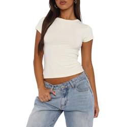 OYIGELZ Damen Basic T-Shirt Kurzarm Crop Tops Y2K Slim Fit Tshirt Oberteile Klassischer Schnitt Sommer Tee Shirts(Beige-T1,M) von OYIGELZ