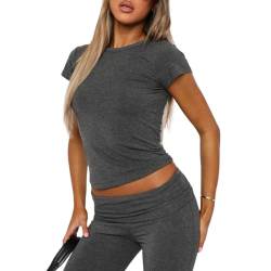 OYIGELZ Damen Basic T-Shirt Kurzarm Crop Tops Y2K Slim Fit Tshirt Oberteile Klassischer Schnitt Sommer Tee Shirts(Dunkel Grau-T2,S) von OYIGELZ