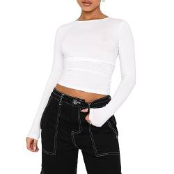 OYIGELZ Damen Langarmshirt Rundhals Slim Fit Y2K Oberteile Klassischer Basic Crop Tops Casual Streetwear t shirt(Weiß-06,XL) von OYIGELZ