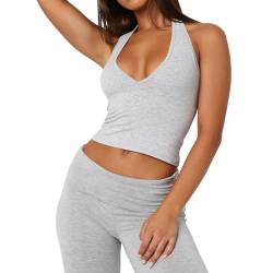 OYIGELZ Damen Tank Top Sommer Ärmellose Neckholder Crop Tops Klassischer Schnitt Basic Shirt Tiefer V Ausschnitt Sexy Y2K Slim fit Oberteile(Hell Grau-H1,XXL) von OYIGELZ