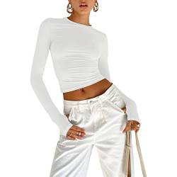 OYIGELZ Langarmshirt Damen Basic T-Shirt Langarm Crop Top Y2K Slim Fit Oberteile Casual Rundhals Tee Shirt(Weiß,XXL) von OYIGELZ