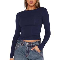 OYIGELZ Langarmshirt Damen Klassischer Basic Crop Tops Rundhals Slim Fit Y2K Oberteile Casual Streetwear t Shirt(Tibetisch Blau-Q1,S) von OYIGELZ