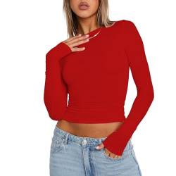 OYIGELZ Langarmshirt Damen Rundhals Slim Fit Y2K Oberteile Klassischer Basic Crop Tops Casual Streetwear t shirt(Rot-R1,M) von OYIGELZ