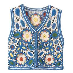 OZEO Weste Damen,Gehäkelte Strickweste Pullover Button-Down Boho Bunt Blau Stickerei Blumen Strickjacke Weste Hippie Ärmellose Weste Mesh Crop Top Für Damen Mädchen Y2K Streetwear,M von OZEO