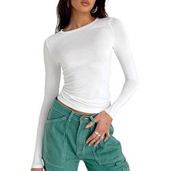 Damen Crop Tops Rundhals Slim Fit Top T-Shirt Lässige Streetwear(Weiss-3a,S) von OZYILIAN