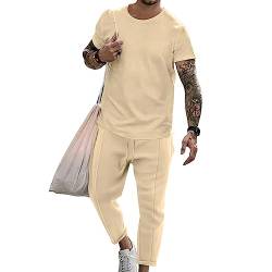 Oanviso Herren 2 Teiliges T-Shirt und Hosen Mode Oberteile Jogginganzug Sommer Einfarbig Freizeitanzug Outfit Lässige Sweathose Freizeithose für Männer A Khaki M von Oanviso