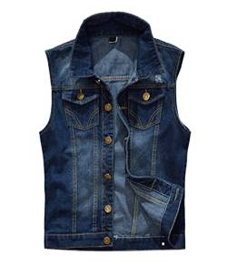 Oanviso Herren Denim Weste Casual Ärmellose Jacke Zerrissene Jeansweste Ausgefranste Cowboy Weste Klassische Vintage Denim Vest mit Taschen Sommer Outdoor Weste Beiläufig Street Weste A Dunkelblau XXL von Oanviso