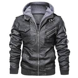 Oanviso Herrenjacke Lederjacke Warme Mantel Winter Jacken mit Kapuze PU Leather Jacket Herbst Mäntel Motorrad Kunstleder Jacket mit Zip Bikerjacke Männer B Grau L von Oanviso